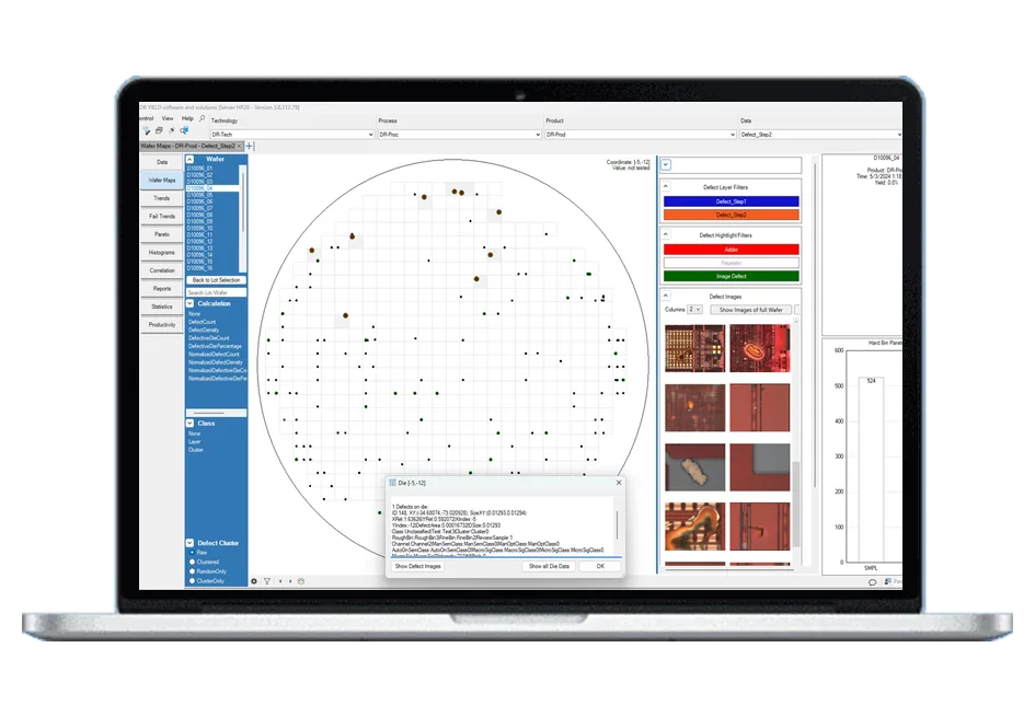 Defect Module wafer map with defect positions, filters for defect layers and adders, a gallery of defect images and the details of a selected die