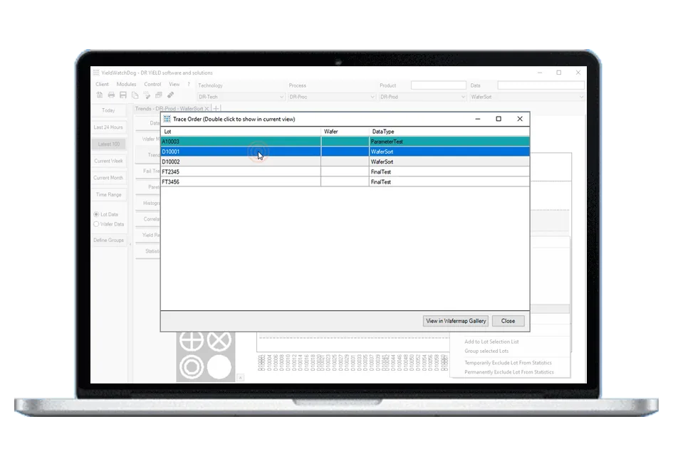 Trace Order window in YieldWatchDog listing the parameter-test, wafer-sort and final-test lots linked to the selected lot