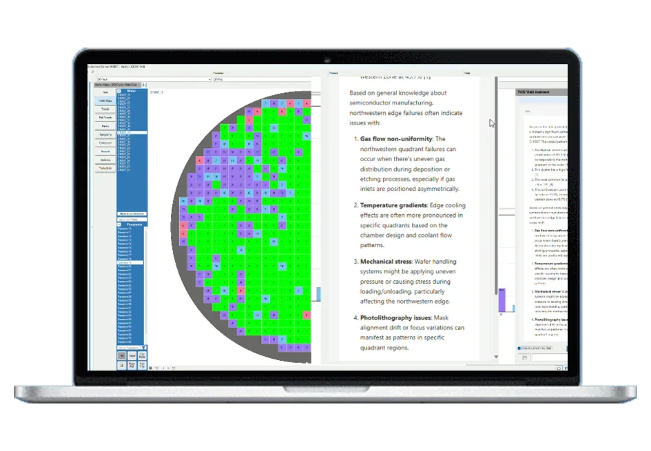 YieldWatchDog client with a wafer map and the YWD AIssistant panel explaining likely causes of failures at the wafer’s northwestern edge